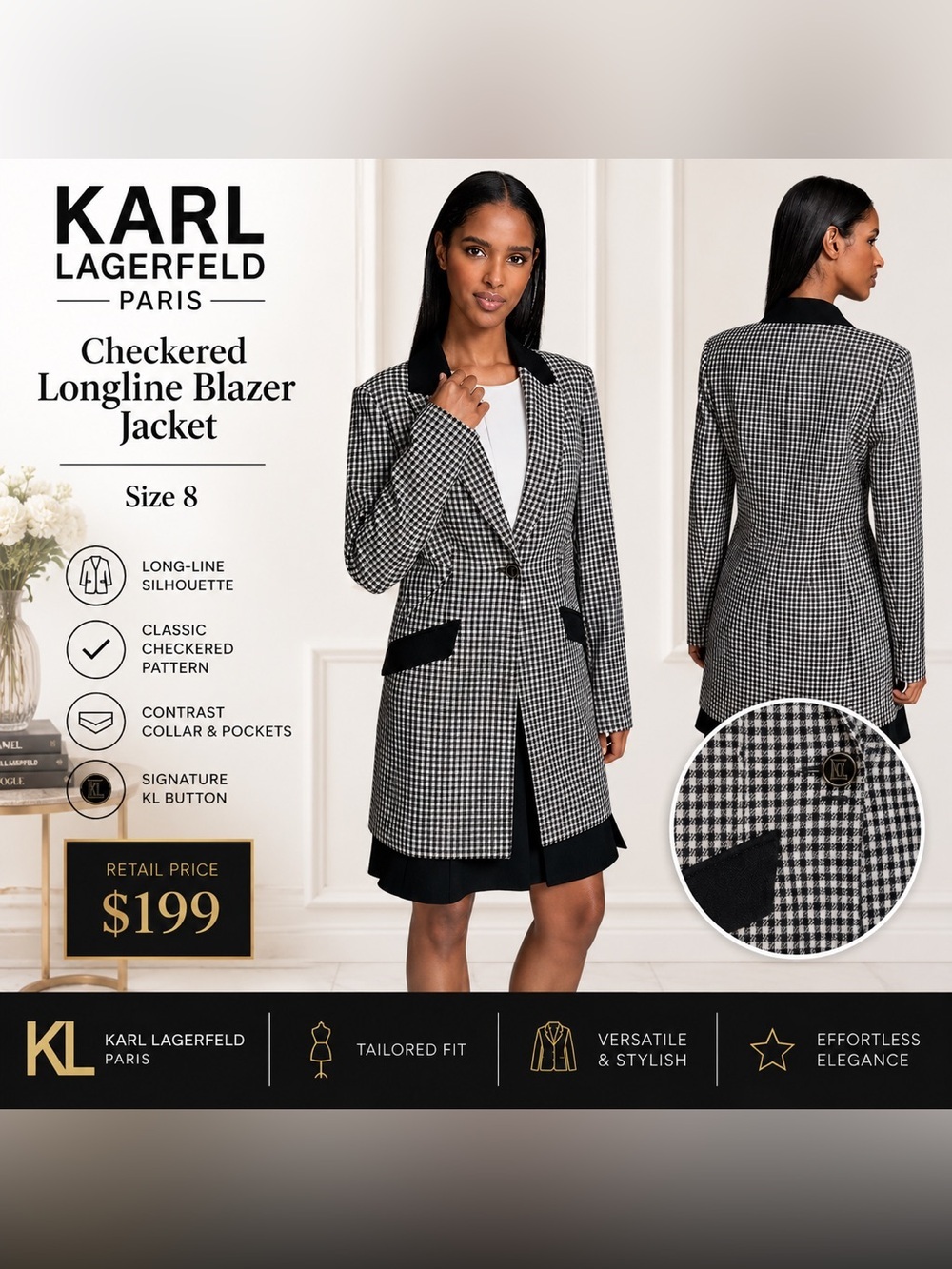 Karl Lagerfeld Paris Checkered Longline
Blazer Jacket Size 8 NWOT